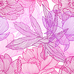 Seamless pattern with linear peonies. Beautiful decorative summer flowers.