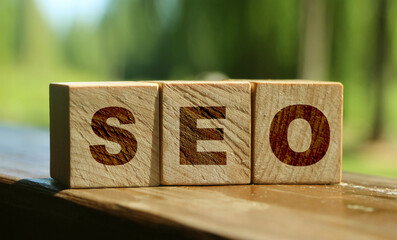 SEO - text on wooden cubes, on wooden background