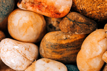 Colorful sea pebbles close-up. Background texture, sea stones in the water