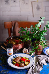 Vegetable ratatouille soup with meatballs..style rustic