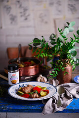 Vegetable ratatouille soup with meatballs..style rustic