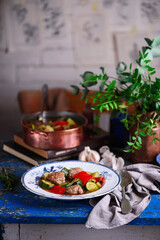 Vegetable ratatouille soup with meatballs..style rustic