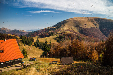 Mountain cottage in the autumn mountains with flying leafes in the sky