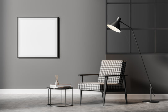 Dark modern waiting room interior with armchair and white poster