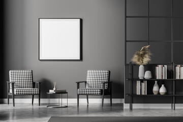 Grey living room interior with armchairs and bookshelf, square mock up