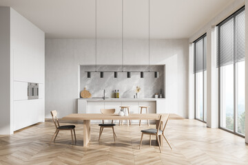 Modern contemporary design kitchen room interior. Dining table with chairs. panoramic windows. White and wood material.