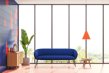Bright living room interior with large panoramic window