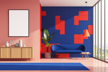 Bright living room interior with sofa and poster