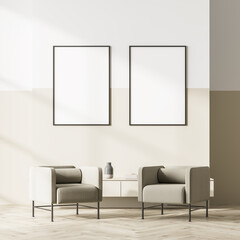 Bright scandinavian waiting room interior with two empty poster