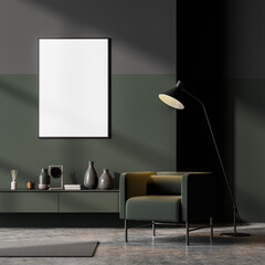 Dark contemporary waiting room interior with green armchair and sideboard
