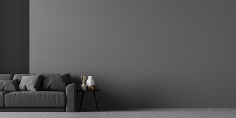 Living room interior with black sofa and empty grey wall