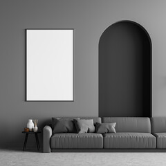 Dark living room interior with grey sofa and poster