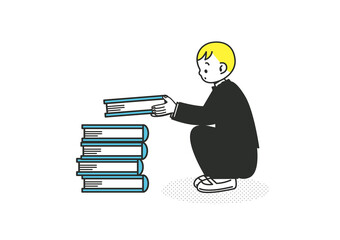 本を積み上げる男の子 継続