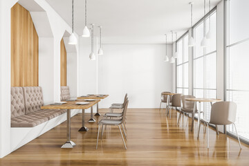 Wooden cafe interior with table and chairs, open space restaurant