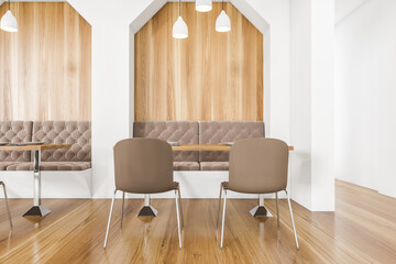 Wooden cafe interior with table and seats, public restaurant