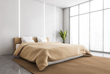 Bedroom interior. Mockup copy space above beige bed with linens on carpet near window