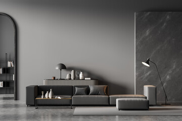 Modern living room interior with arch, marble decoration and dark grey on wall. Black sofa with...