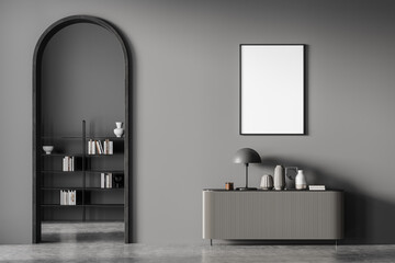 Modern dark colors living room interior with arch and blank framed poster on grey wall. Chest of...