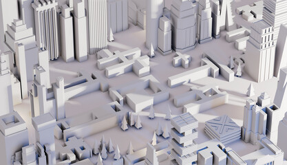 3D render of abstract modern city with skyscrapers, business centres streets and squares.  Modern life, business and success concept 