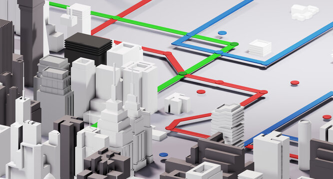 3D render of abstract modern city with skyscrapers, business centres and tube, underground lines. Connection, modern life, business and success concept 