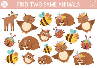 Obraz premium Find two same animals. Mothers day matching activity for children. Funny spring educational logical quiz worksheet for kids. Simple printable game with cute baby animals and their mothers.