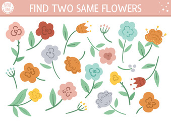 Find two same flowers. Mothers day matching activity for children. Funny spring educational logical quiz worksheet for kids. Simple printable game with cute plants.