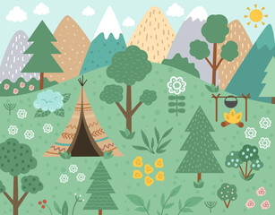 Vector forest scene with wigwam, fire, mountains. Spring or summer woodland scenery with trees and plants. Wild nature landscape illustration or background. . © Lexi Claus