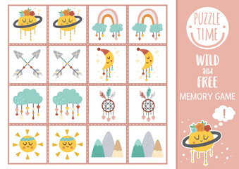 Vector wild and free memory game cards with planet, mountains, arrows. Matching activity with cute characters. Remember and find correct card. Simple ethnic printable worksheet for kids. .