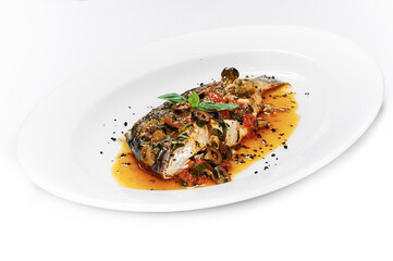 Grilled dorada fish with honey sauce, olives, spices, tomatoes