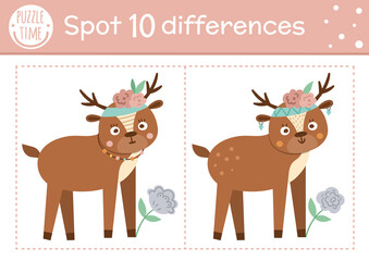 Obraz na płótnie Canvas Find differences game for children. Woodland educational activity with funny deer. Printable worksheet with cute animal. Spring nature puzzle for kids. Forest preschool sheet.