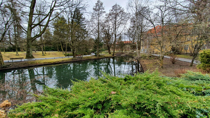 Fototapeta na wymiar A small pond in the old beautiful Oliwa Park in Gdansk, Poland