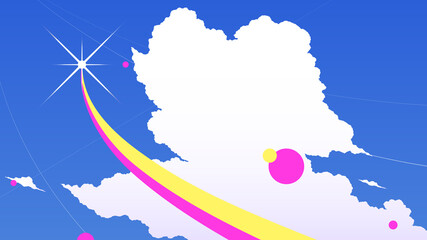 Bright sky with big cloud and contrails lines with geometric shapes elements, Flight, space vacation concept illustration, clean anime style