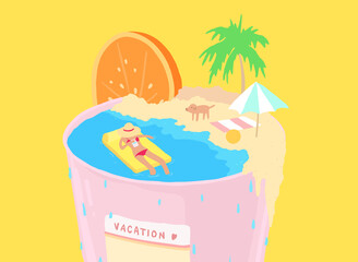 Summer cup concept, fun, cute and relax vacation illustration hand drawn style bright pastel color, fresh and cool drink under the sun