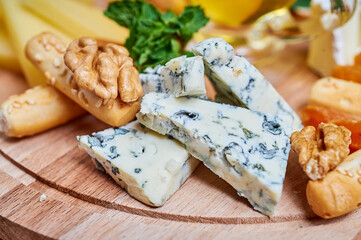 Cheese plate with honey, walnut, bread snacks