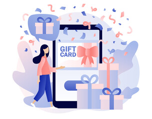 Gift card, certificate, voucher or coupon online in smartphone app. Promotion strategy concept. Sale, loyalty program, bonus, marketing. Modern flat cartoon style. Vector illustration