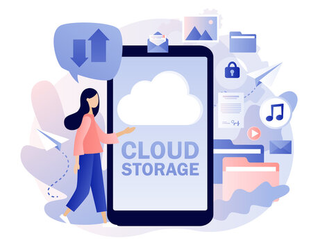 Cloud storage. Cloud computing services. Tiny people place data, music, photo, video in big cloud server. Data processing. Modern flat cartoon style. Vector illustration on white background