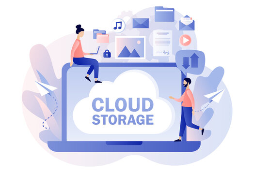 Cloud storage - text on laptop screen. Cloud computing services. Data processing. Tiny people place data, music, photo, video in big cloud server. Modern flat cartoon style. Vector illustration