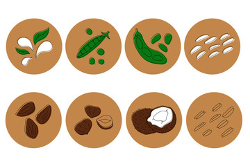 Eight isolated vector icons for social media story highlight covers. Various dairy free milk substitutes illustrations with editable stroke.