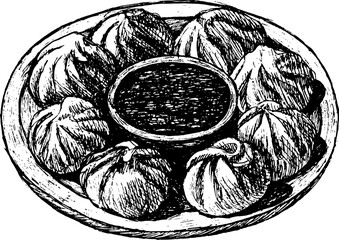 Momos - Nepal dumplings. Realistic sketch illustration. Chinese food. Design for flyer, restaurant menu etc. Vector artwork