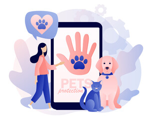 Animal rescue and pet protection. Hand and paw on smartphone screen as symbol support and love pets. Animal shelter. Wildlife protection and rescue. Modern flat cartoon style. Vector illustration 