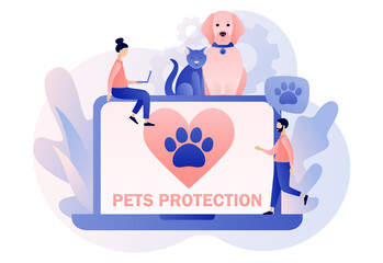 Animal rescue and pet protection. Heart and paw on laptop screen as symbol support and love pets. Animal shelter. Wildlife protection and rescue. Modern flat cartoon style. Vector illustration