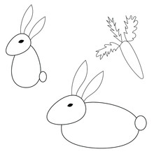 Cute rabbits and carrot, line art clip art. Vector desing.