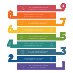 Obraz premium Horizontal colorful stripes infographic template 9 positions for informations. Concept Business Strategy. Universal template for projects on white background.
