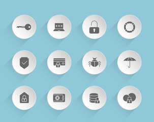 security vector icons on round puffy paper circles with transparent shadows on blue background. security stock vector icons for web, mobile and user interface design