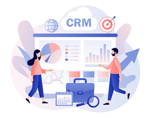 Business strategy. CRM solution. Customer relationship management concept. Tiny businessman perform data analysis. Modern flat cartoon style. Vector illustration on white background