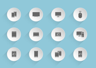 smart devices vector icons on round puffy paper circles with transparent shadows on blue background. smart devices stock vector icons for web, mobile and user interface design