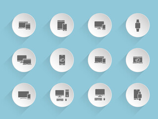 smart devices vector icons on round puffy paper circles with transparent shadows on blue background. smart devices stock vector icons for web, mobile and user interface design