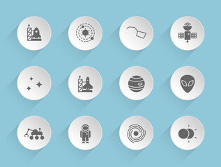 space vector icons on round puffy paper circles with transparent shadows on blue background. space stock vector icons for web, mobile and user interface design