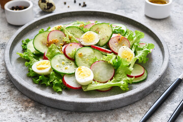 Spring salad with radish, cucumber, egg and salad leaves on a concrete plate.