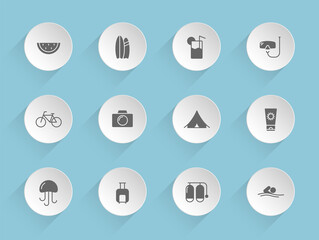 summer vector icons on round puffy paper circles with transparent shadows on blue background. summer stock vector icons for web, mobile and user interface design